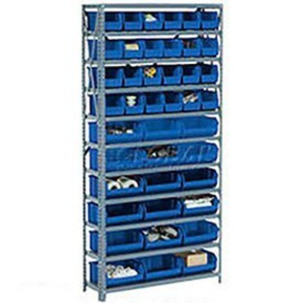 Global Equipment Steel Open Shelving with 17 Blue Plastic Stacking Bins 6 Shelves - 36x12x39 603244BL